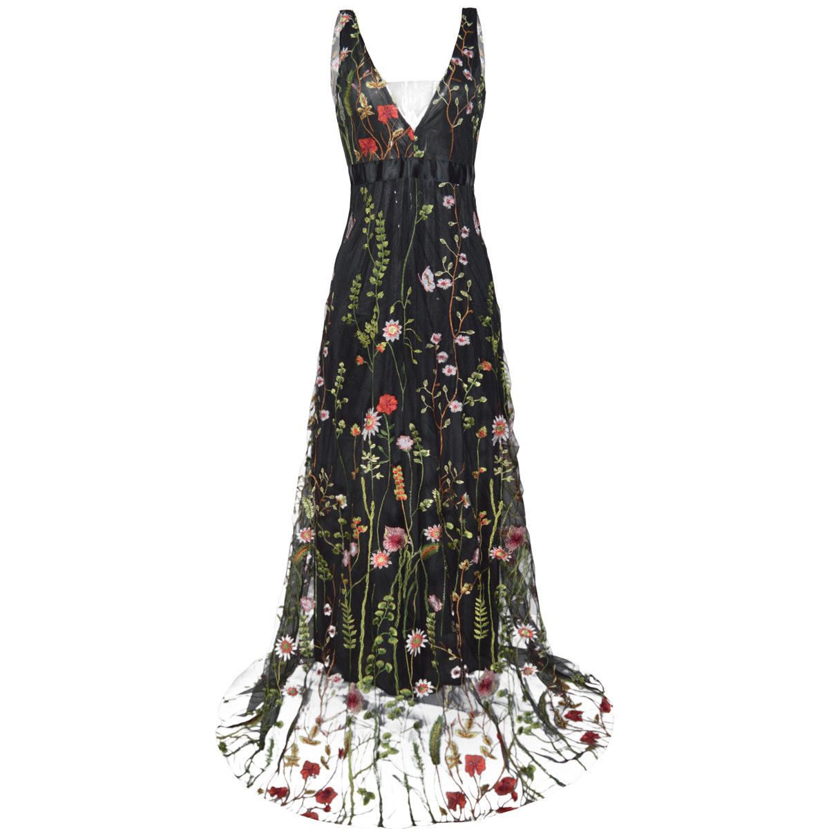 Backless Sexy Dress Deep-V Sleeveless Embroider Floral Print Slim Fit Big Swing Ball Dress  Party Maxi Long Dress
