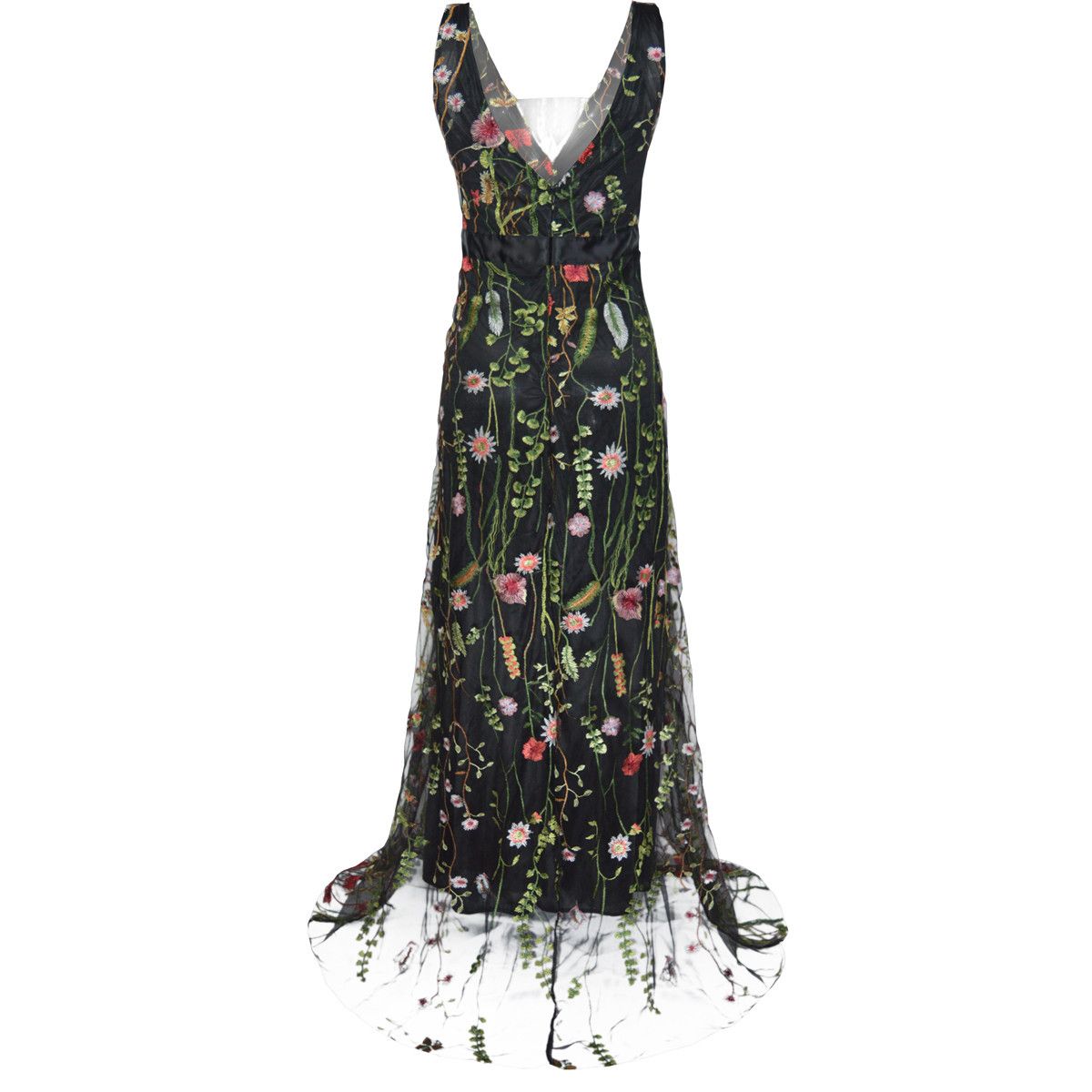 Backless Sexy Dress Deep-V Sleeveless Embroider Floral Print Slim Fit Big Swing Ball Dress  Party Maxi Long Dress