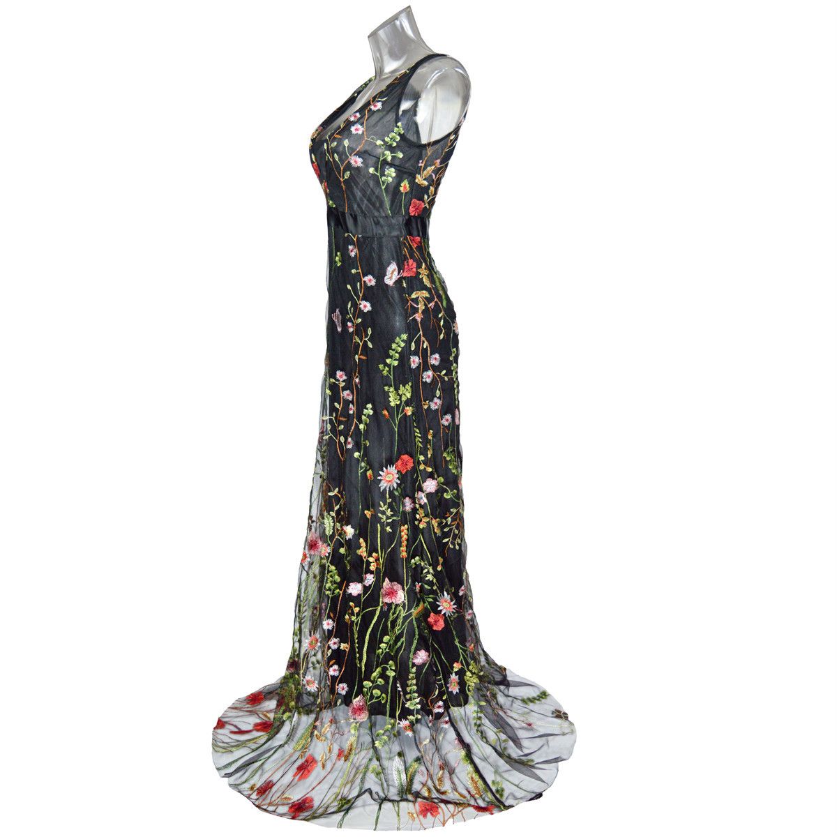 Backless Sexy Dress Deep-V Sleeveless Embroider Floral Print Slim Fit Big Swing Ball Dress  Party Maxi Long Dress
