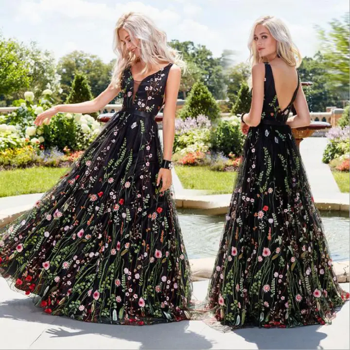 Backless Sexy Dress Deep-V Sleeveless Embroider Floral Print Slim Fit Big Swing Ball Dress  Party Maxi Long Dress