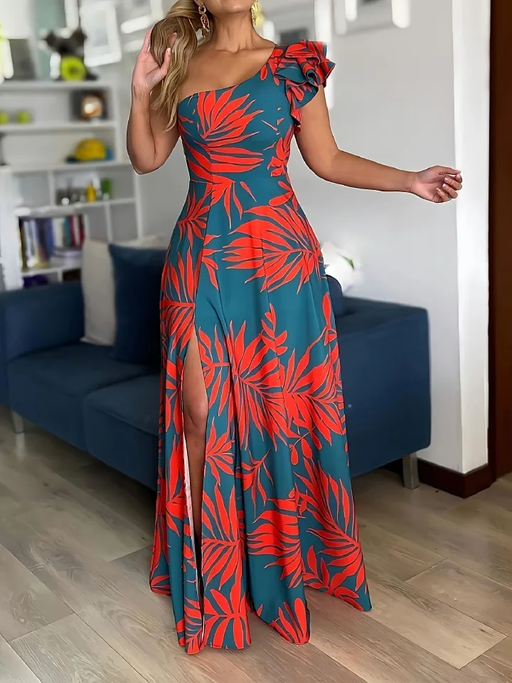 One Shoulder Tropical Print Maxi Dress Ruffle Sleeves High Slit Elegant A Line Dress Evening Dresses