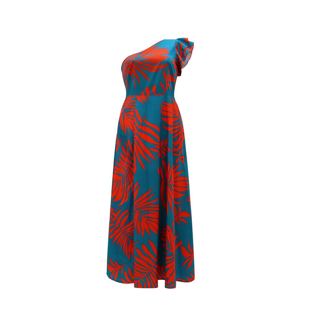 One Shoulder Tropical Print Maxi Dress Ruffle Sleeves High Slit Elegant A Line Dress Evening Dresses