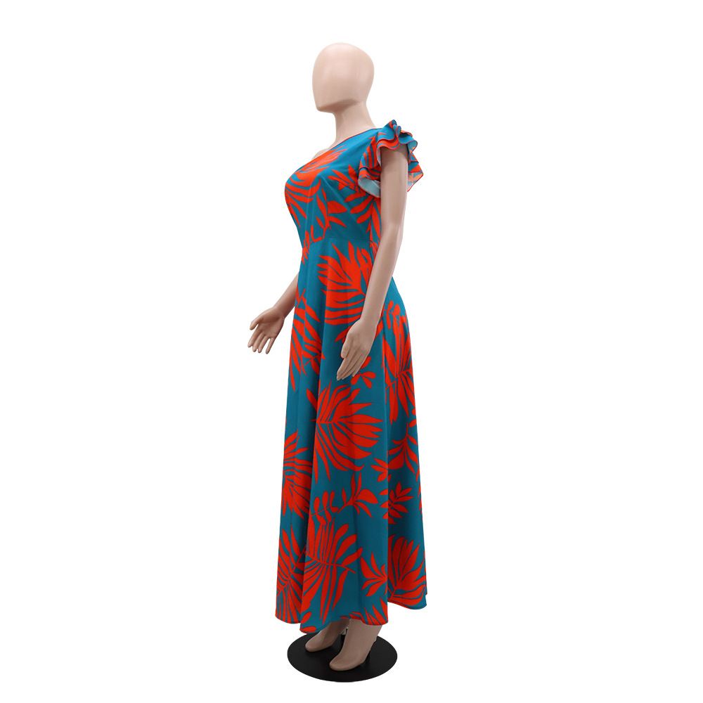 One Shoulder Tropical Print Maxi Dress Ruffle Sleeves High Slit Elegant A Line Dress Evening Dresses