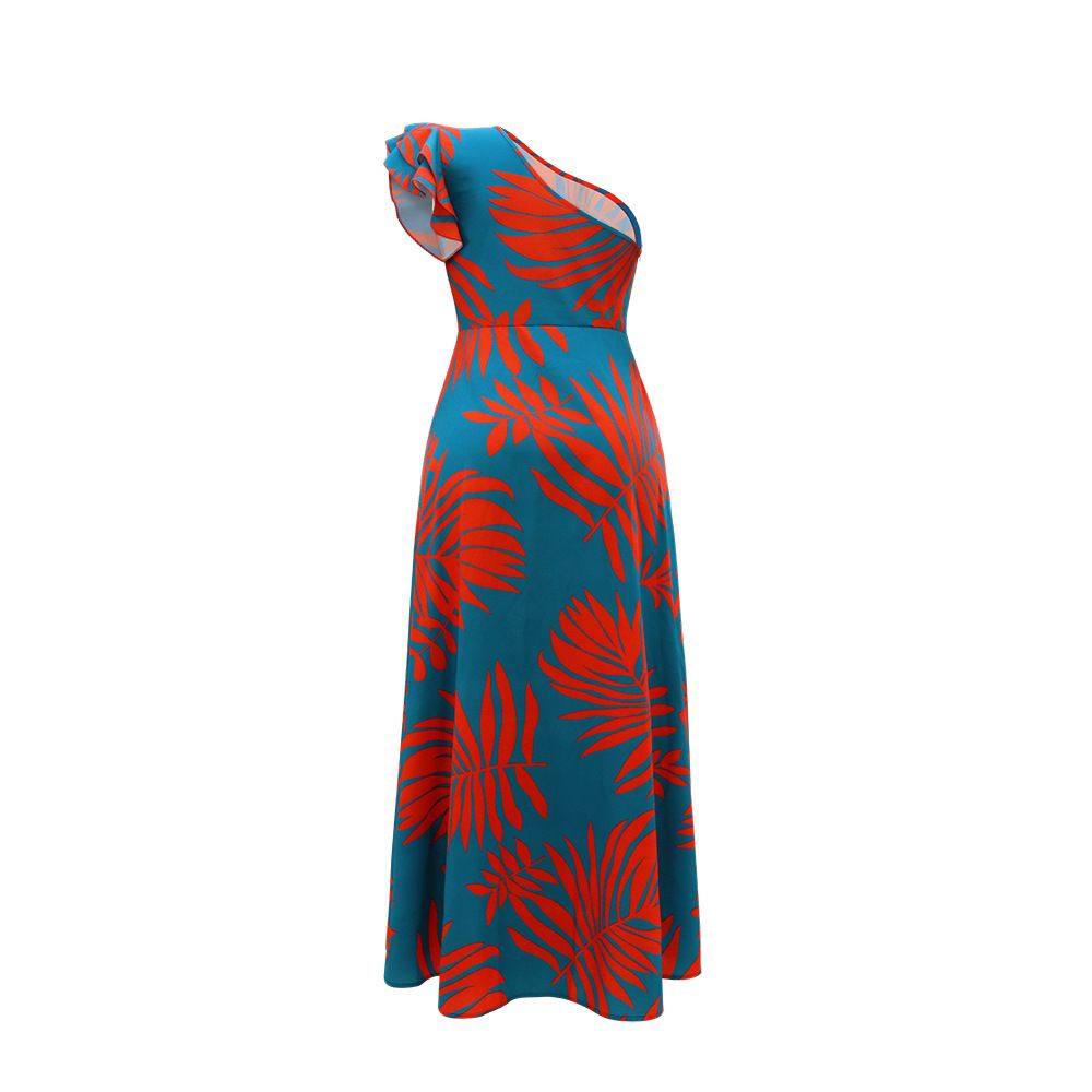 One Shoulder Tropical Print Maxi Dress Ruffle Sleeves High Slit Elegant A Line Dress Evening Dresses