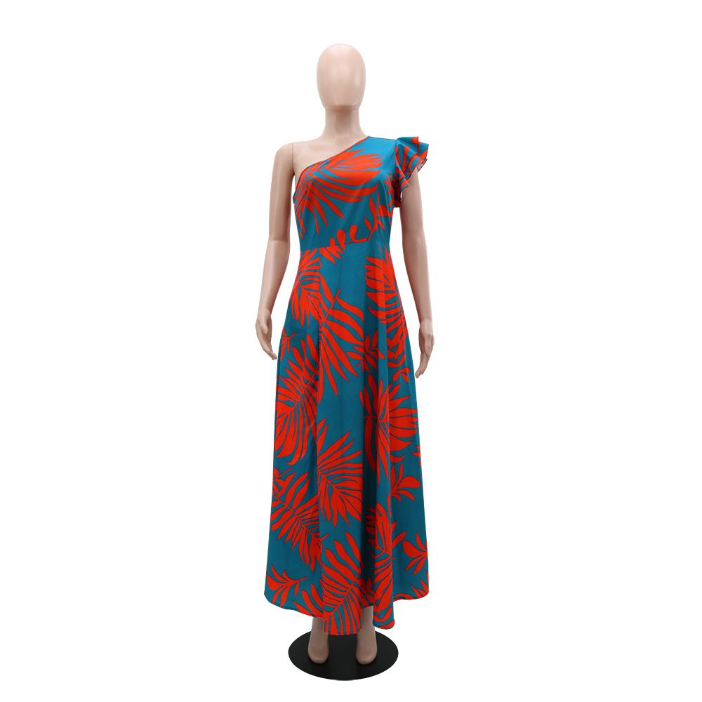 One Shoulder Tropical Print Maxi Dress Ruffle Sleeves High Slit Elegant A Line Dress Evening Dresses