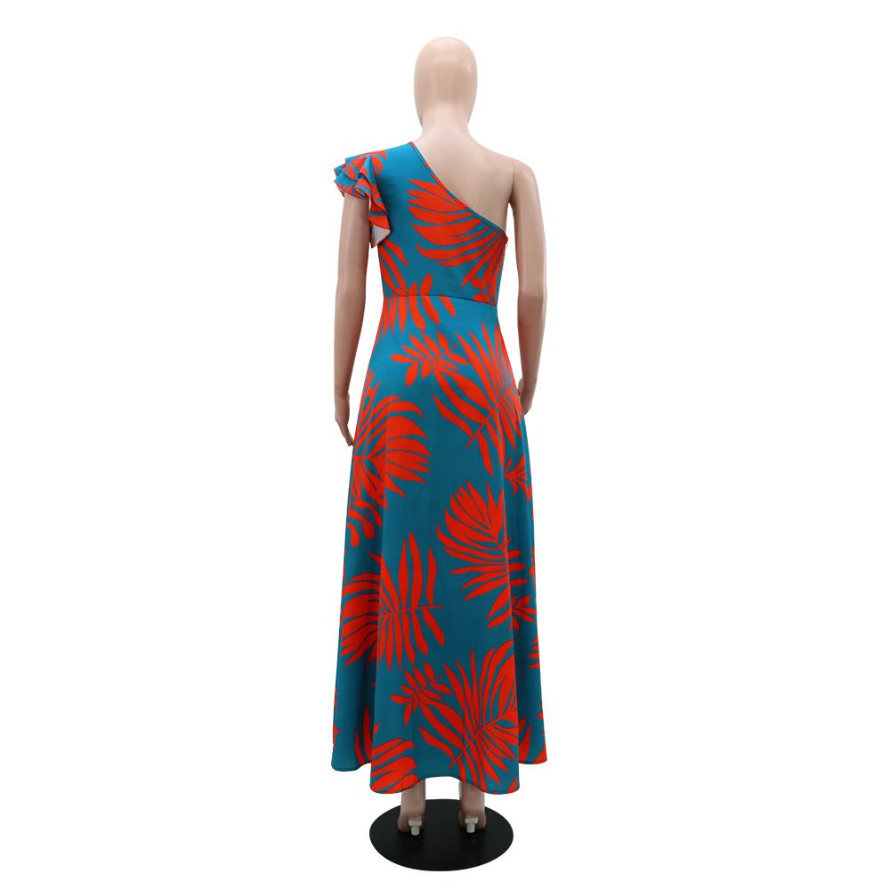 One Shoulder Tropical Print Maxi Dress Ruffle Sleeves High Slit Elegant A Line Dress Evening Dresses