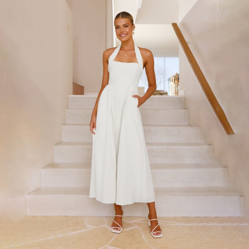2025 summer new women's sleeveless square-neck long dress, solid color, elegant backless evening gown, European and American style dress