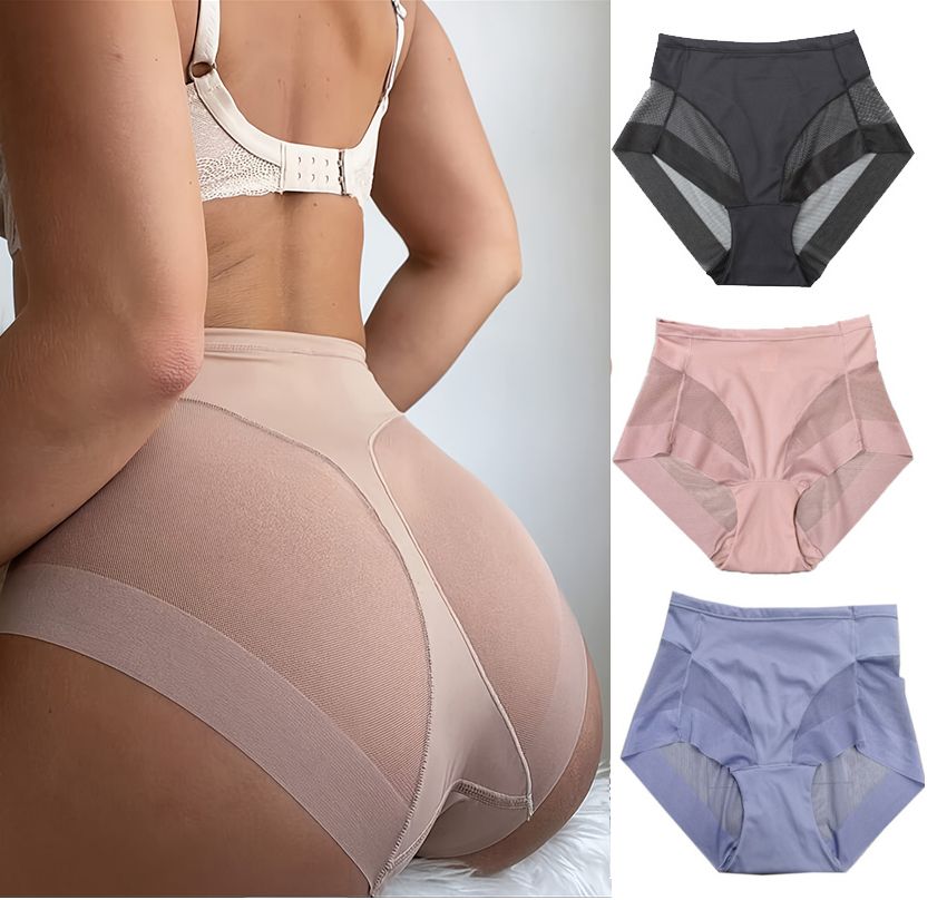 3pcs Mid-waist Hip-lifting Breathable Women's Briefs Transparent Mesh Gauze Corset Waist Comfortable Ice Silk Underwear Panties Set
