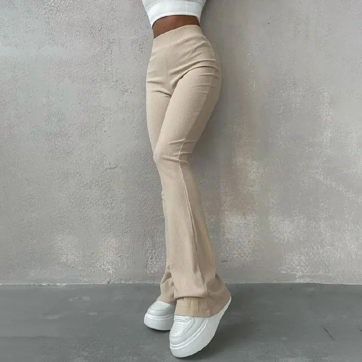 Women's Sexy Slim Pants Ribbed Solid Color Pants High Waisted Flared Pants Longer Legs All-match Sports Long Pants Slim Fit Casual Bell Bottoms