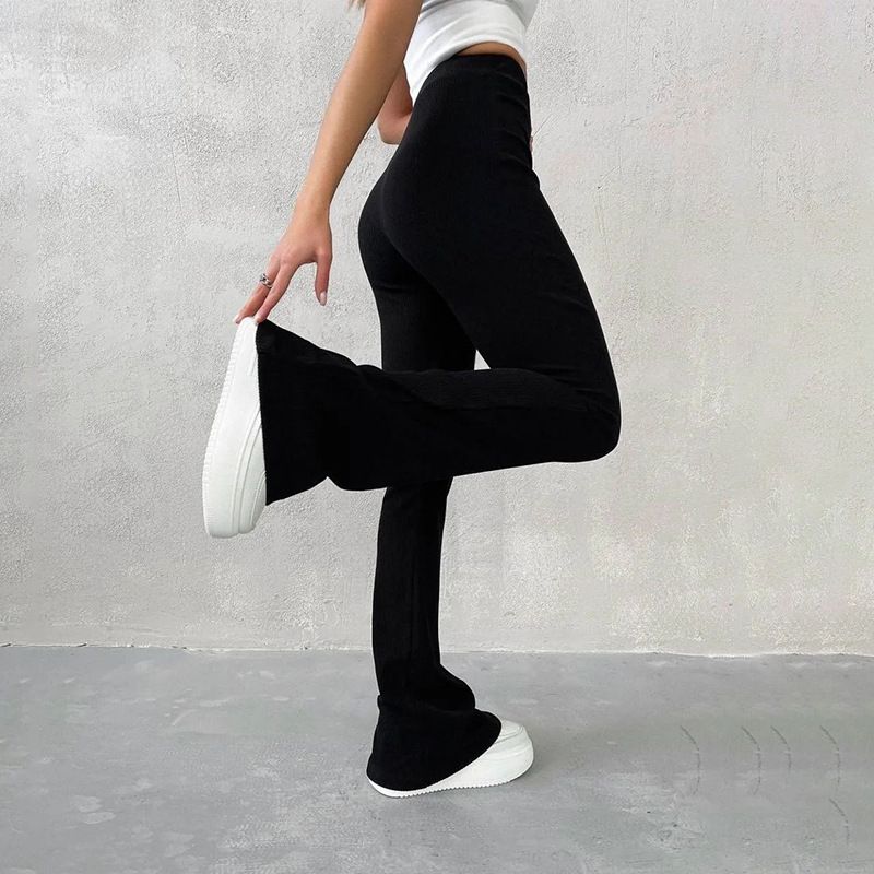 Women's Sexy Slim Pants Ribbed Solid Color Pants High Waisted Flared Pants Longer Legs All-match Sports Long Pants Slim Fit Casual Bell Bottoms