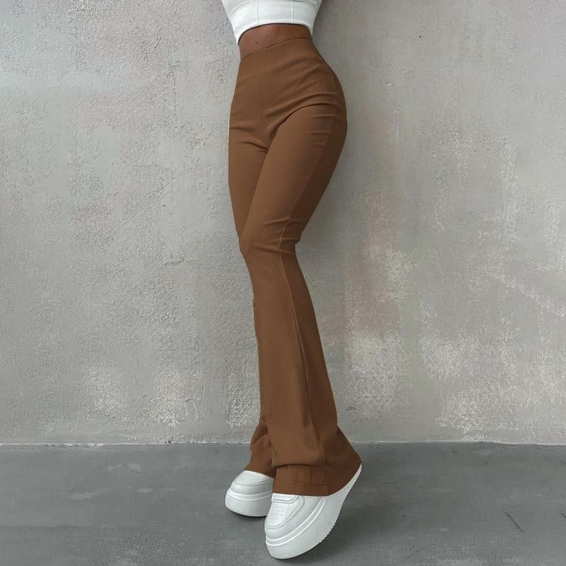 Women's Sexy Slim Pants Ribbed Solid Color Pants High Waisted Flared Pants Longer Legs All-match Sports Long Pants Slim Fit Casual Bell Bottoms