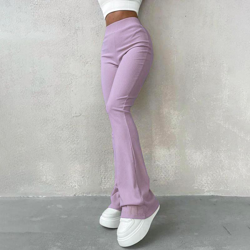 Women's Sexy Slim Pants Ribbed Solid Color Pants High Waisted Flared Pants Longer Legs All-match Sports Long Pants Slim Fit Casual Bell Bottoms