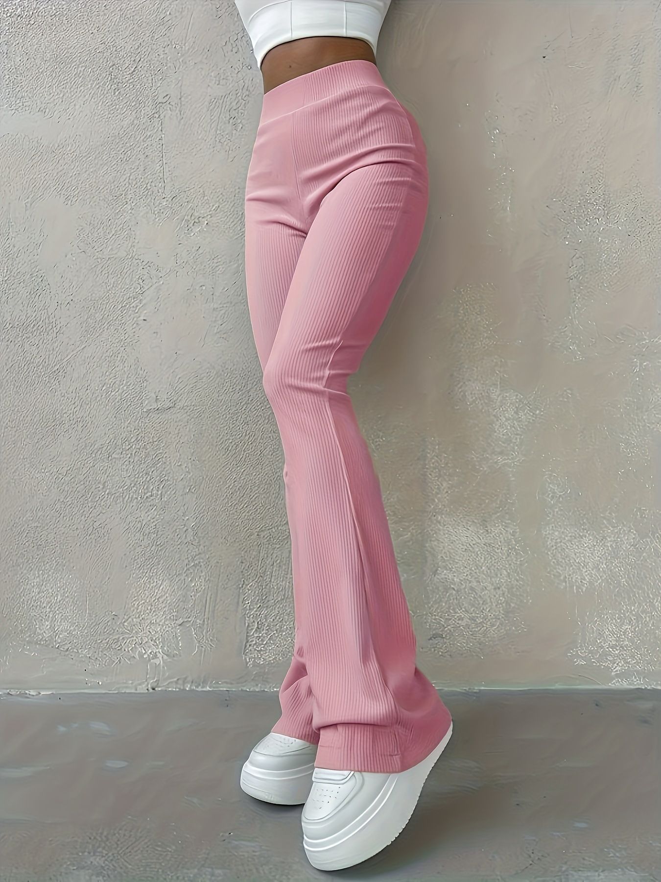 Women's Sexy Slim Pants Ribbed Solid Color Pants High Waisted Flared Pants Longer Legs All-match Sports Long Pants Slim Fit Casual Bell Bottoms
