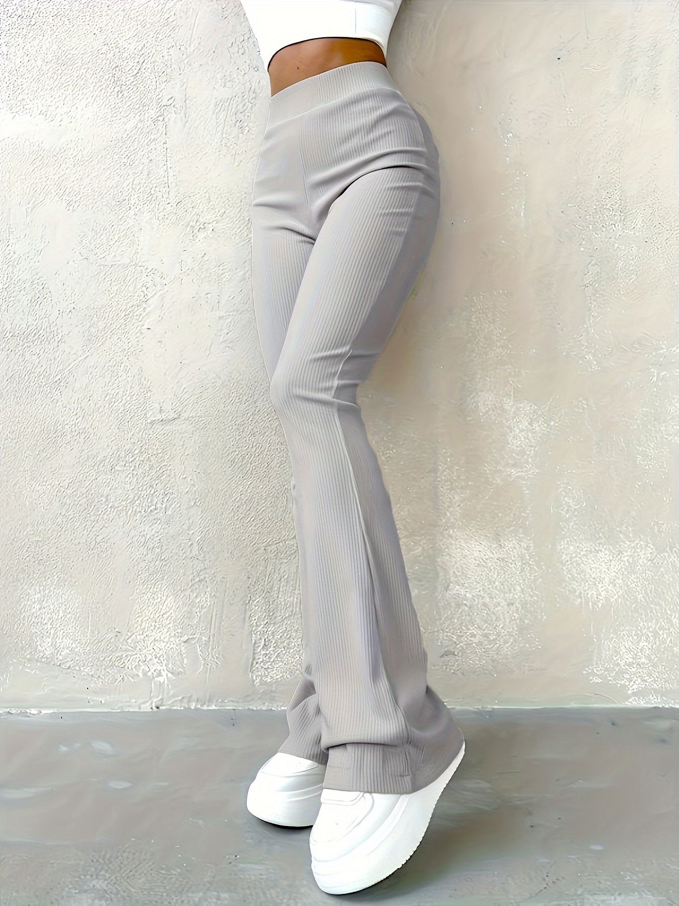 Women's Sexy Slim Pants Ribbed Solid Color Pants High Waisted Flared Pants Longer Legs All-match Sports Long Pants Slim Fit Casual Bell Bottoms