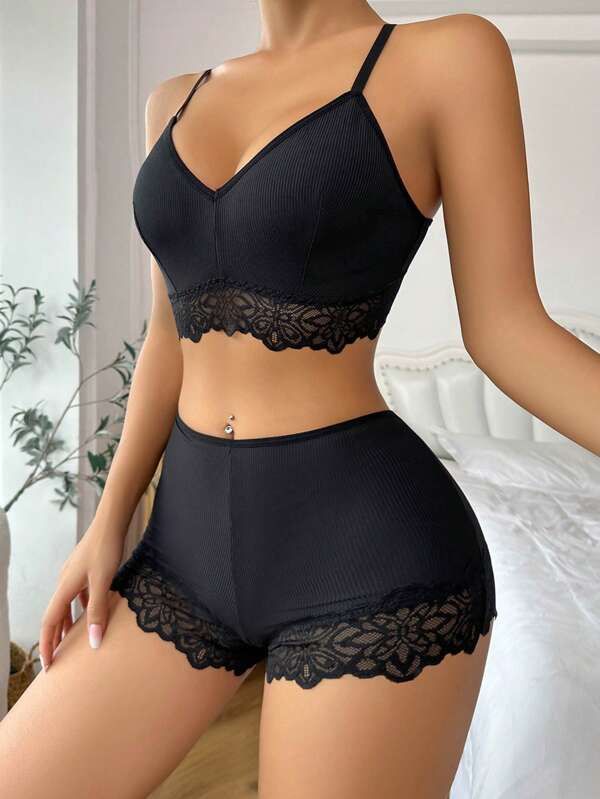 Sexy Solid Lace Trim Bra Shorts Panty V Neck Spaghetti Strap Buckleless Bra & Panties Lingerie Set for Women Girls