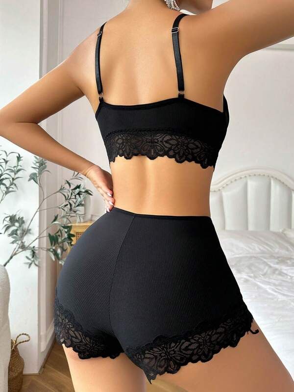 Sexy Solid Lace Trim Bra Shorts Panty V Neck Spaghetti Strap Buckleless Bra & Panties Lingerie Set for Women Girls