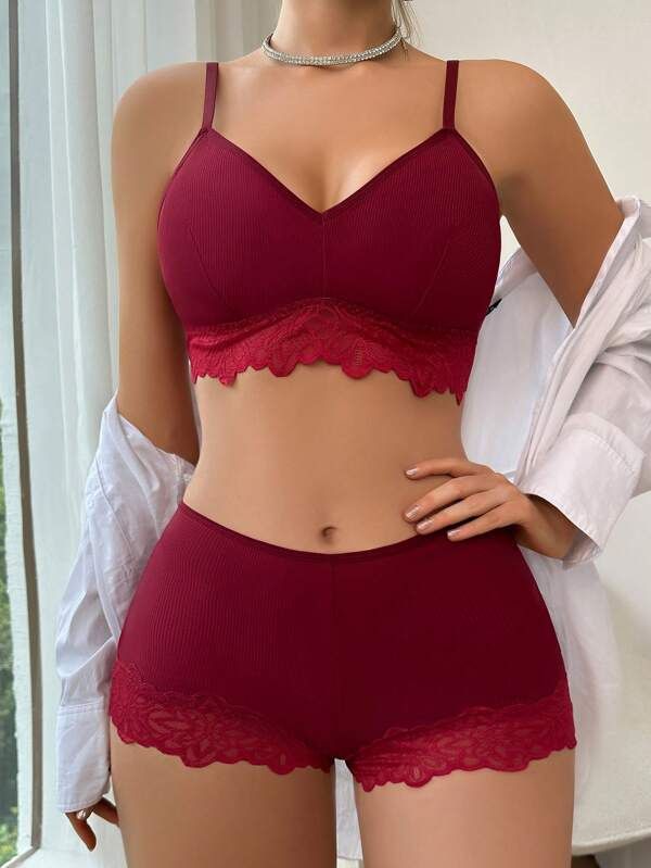 Sexy Solid Lace Trim Bra Shorts Panty V Neck Spaghetti Strap Buckleless Bra & Panties Lingerie Set for Women Girls