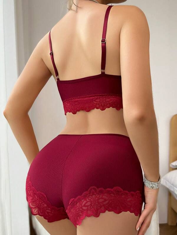 Sexy Solid Lace Trim Bra Shorts Panty V Neck Spaghetti Strap Buckleless Bra & Panties Lingerie Set for Women Girls