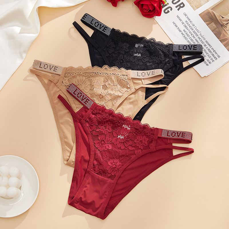5pcs Women's Underwear Sexy Letter Lingerie Lace Comfortable Mid Waist Panties Breathable Fashion Rhinestone Thongs