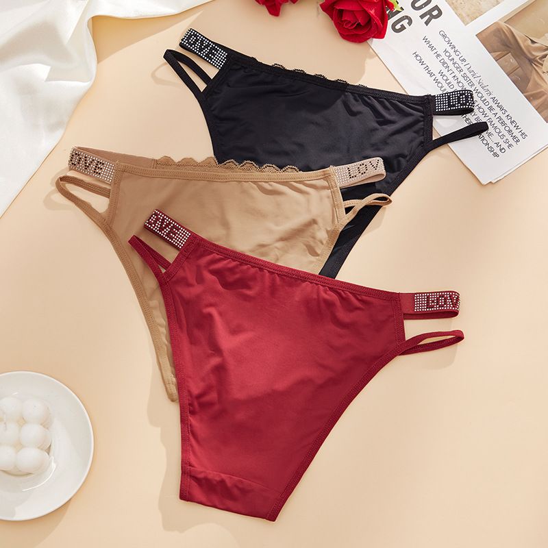 5pcs Women's Underwear Sexy Letter Lingerie Lace Comfortable Mid Waist Panties Breathable Fashion Rhinestone Thongs