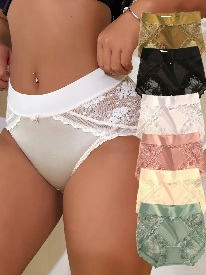 6pcs Sexy Lace Panties Women's High Waist Seamless Female Daily Underwear Tummy Control Ice Silk Lady Underpants Comfy Breathable