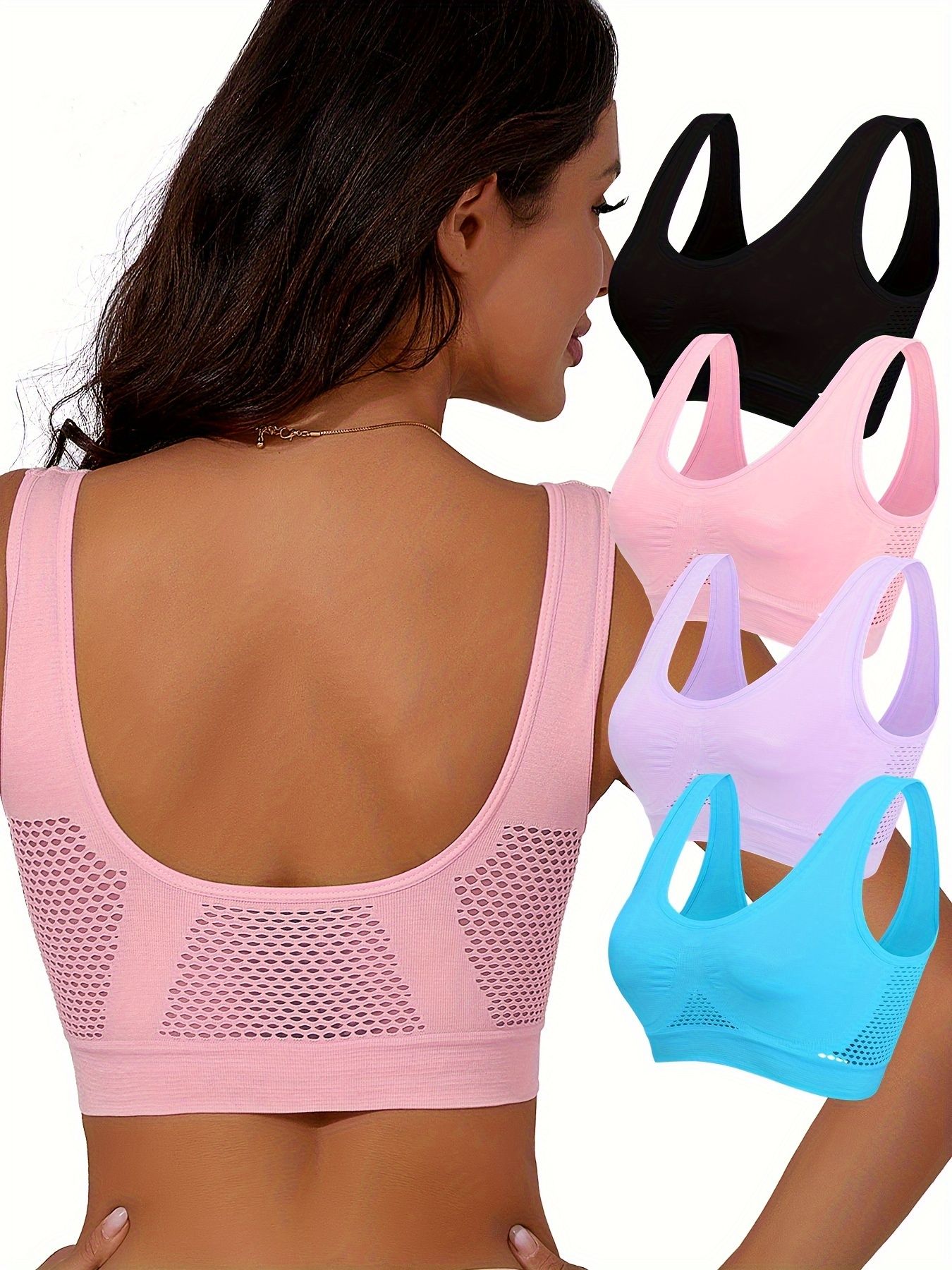 4pcs Women's Sports Bras(NO Padding) Breathable No-Wire Hollow-Out Gym Jogging Crop Top Push Up Sport Bras for Running & Yoga