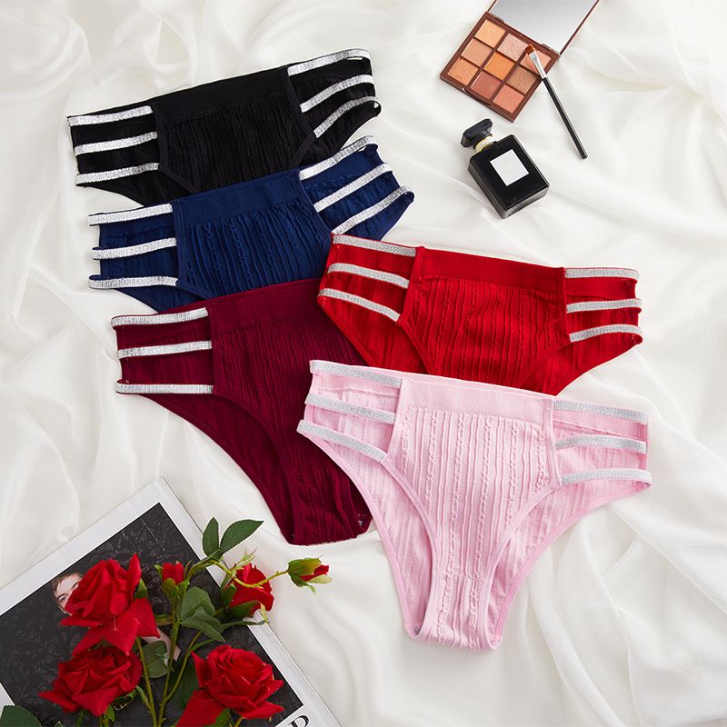 6PCS Women's Sexy Panties Mid Waist Ribbed Seamless Ladies Briefs Hollow Out Comfortable Super Stretch Shiny Belts Underwear