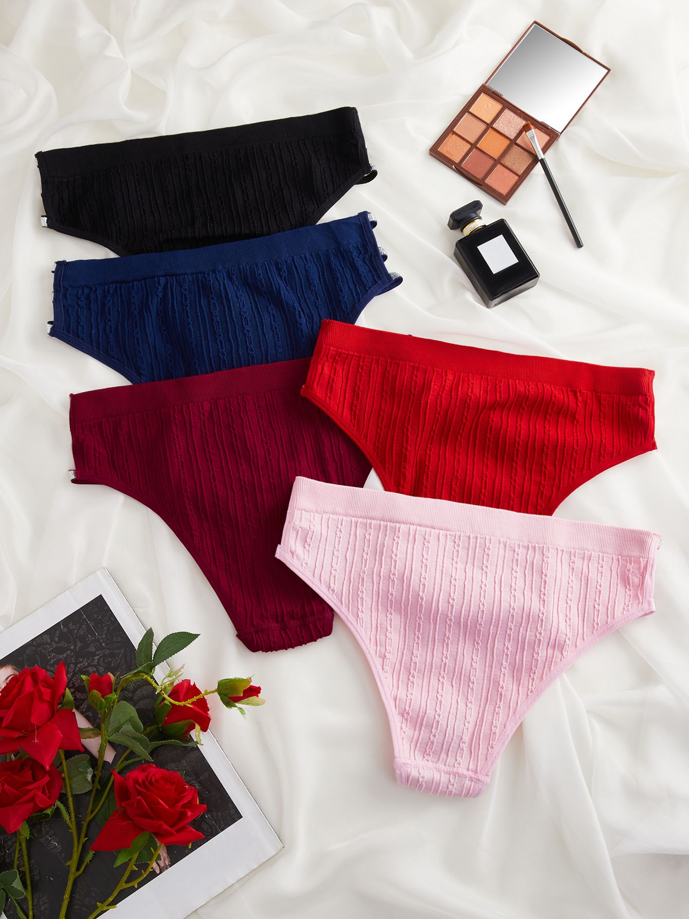 6PCS Women's Sexy Panties Mid Waist Ribbed Seamless Ladies Briefs Hollow Out Comfortable Super Stretch Shiny Belts Underwear