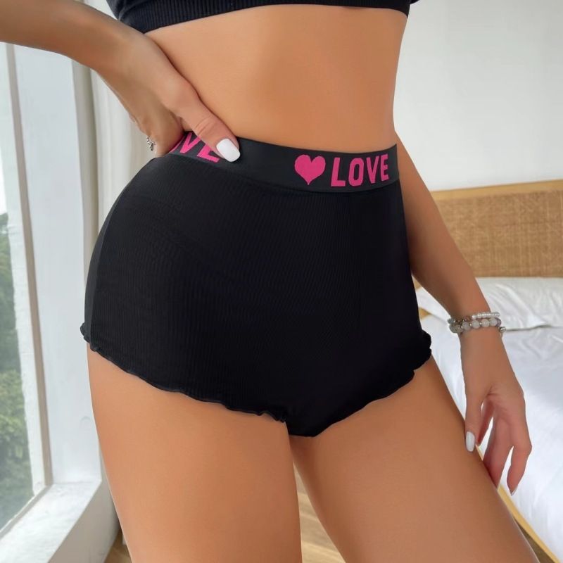 3pcs Set Sports LOVE Heart Thread Cotton Shorts Elastic Band Sexy Women's Underpants Mid Waist Ruffle Edge Seamless Panties