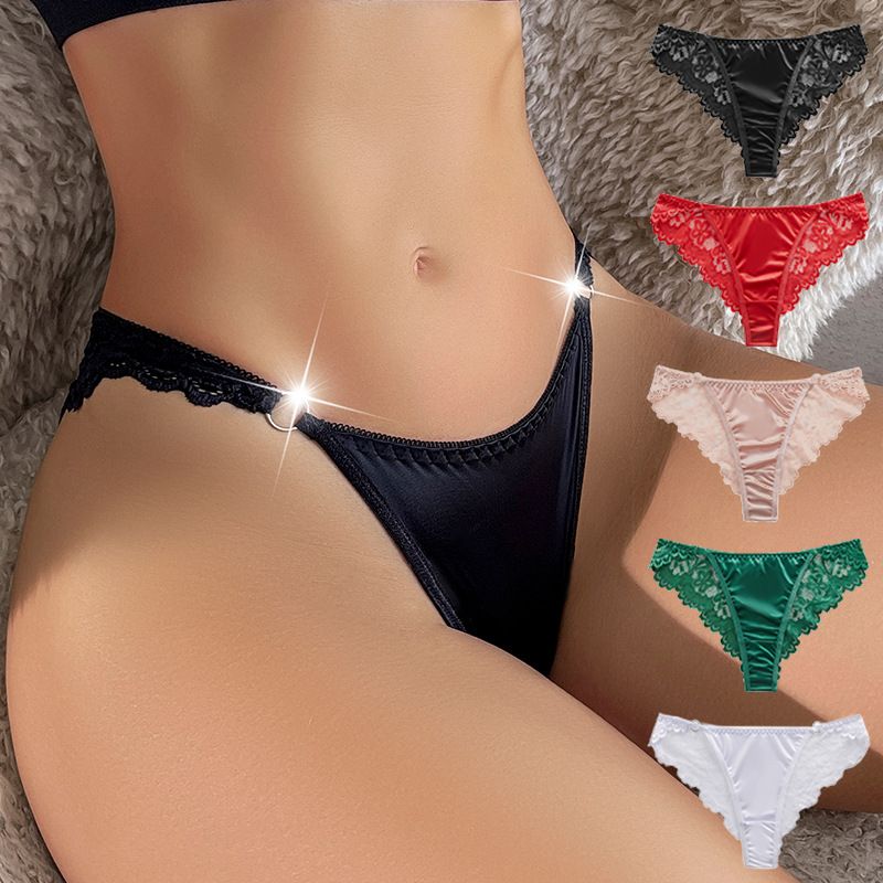 5pcs Women's Sexy Triangle Briefs Ring Inlay Lace Detail Casual Comfortable Solid Color Sexy Thong Panties Set