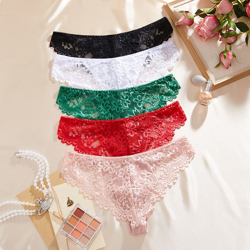 5pcs Women's Sexy Triangle Briefs Ring Inlay Lace Detail Casual Comfortable Solid Color Sexy Thong Panties Set