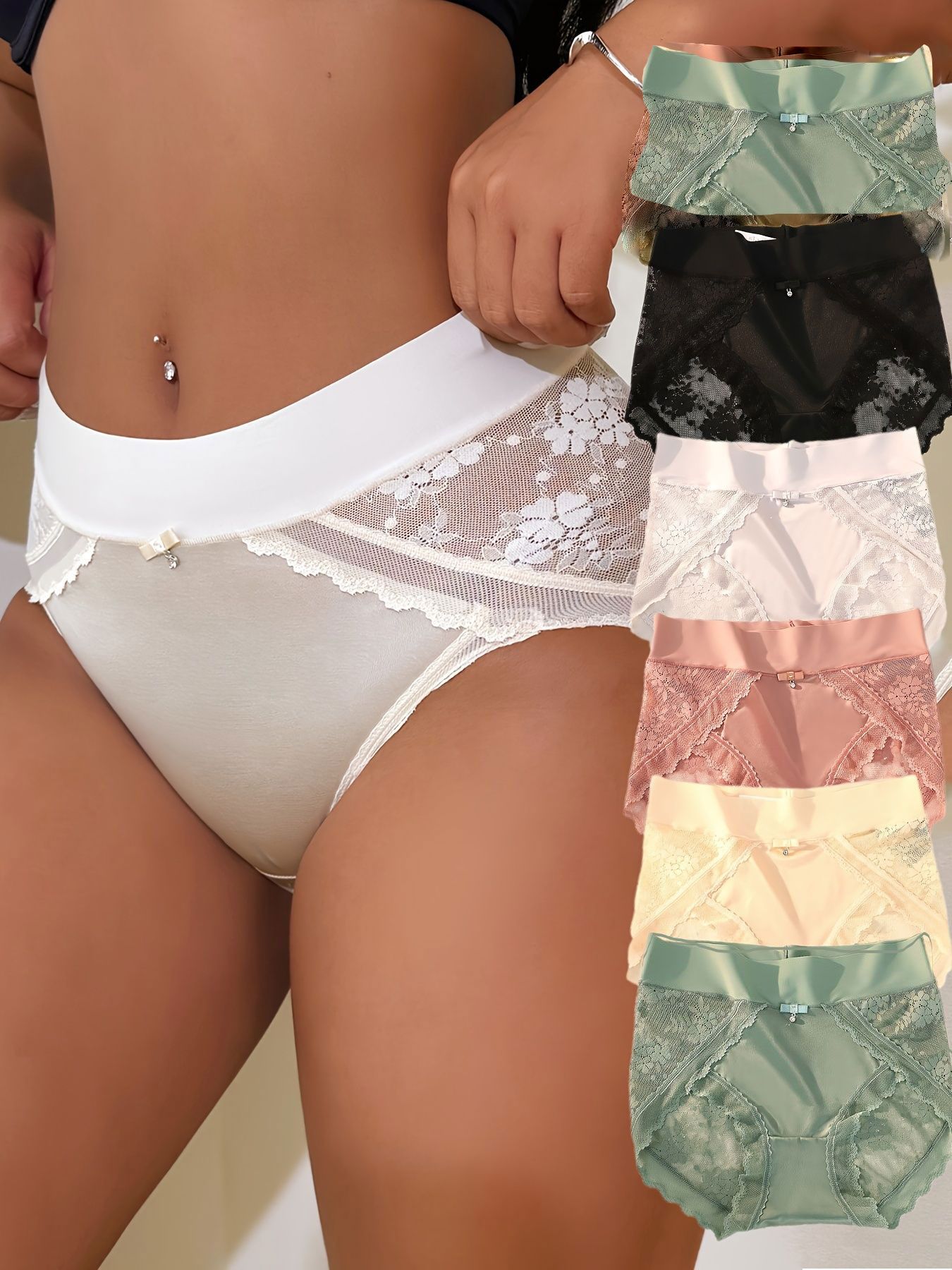6pcs Sexy Lace Panties Women's High Waist Seamless Female Daily Underwear Tummy Control Ice Silk Lady Underpants Comfy Breathable