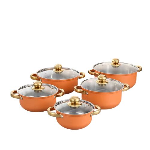 10pcs Stainless Steel Non-stick Cookware Set Orange Gold Handle (5pcs Pots+5pcs Lids) Cooking Pots 18CM+20CM+22CM+24CM+26CM Sufuria