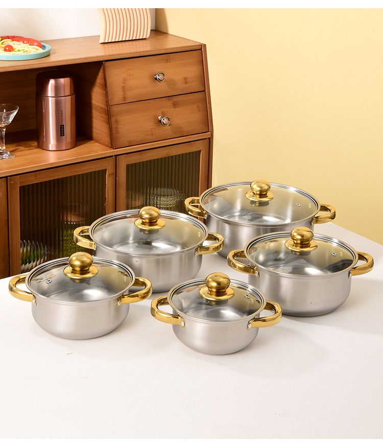 10pcs Stainless Steel Non-stick Cookware Set Gold Handle(5pc Pots+5pc Lids) Cooking Pots Sufuria 16CM+18CM+20CM+22CM+24CM