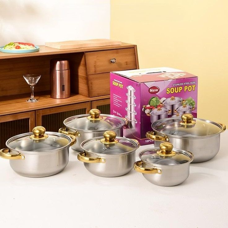 10pcs Stainless Steel Non-stick Cookware Set Gold Handle(5pc Pots+5pc Lids) Cooking Pots Sufuria 16CM+18CM+20CM+22CM+24CM