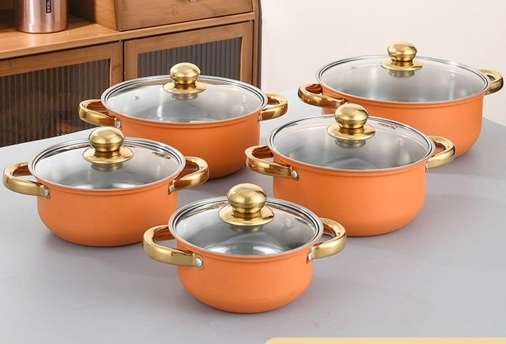 10pcs Stainless Steel Non-stick Cookware Set Orange Gold Handle (5pcs Pots+5pcs Lids) Cooking Pots 18CM+20CM+22CM+24CM+26CM Sufuria