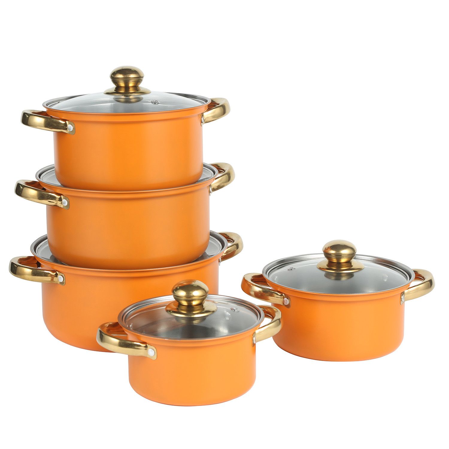 10pcs Stainless Steel Non-stick Cookware Set Orange Gold Handle (5pcs Pots+5pcs Lids) Cooking Pots 18CM+20CM+22CM+24CM+26CM Sufuria