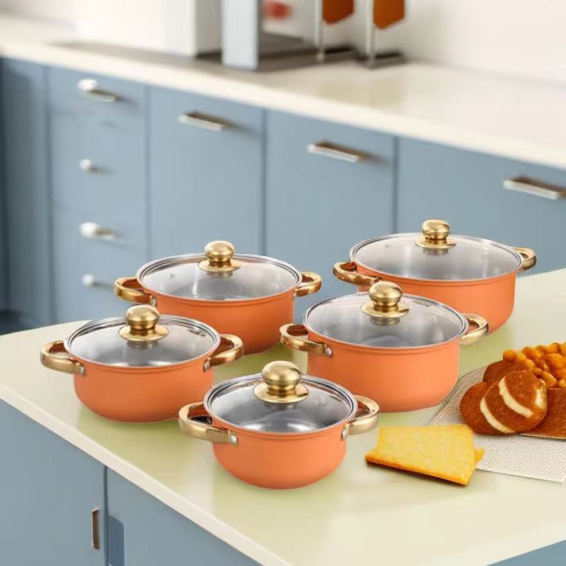 10pcs Stainless Steel Non-stick Cookware Set Orange Gold Handle (5pcs Pots+5pcs Lids) Cooking Pots 18CM+20CM+22CM+24CM+26CM Sufuria