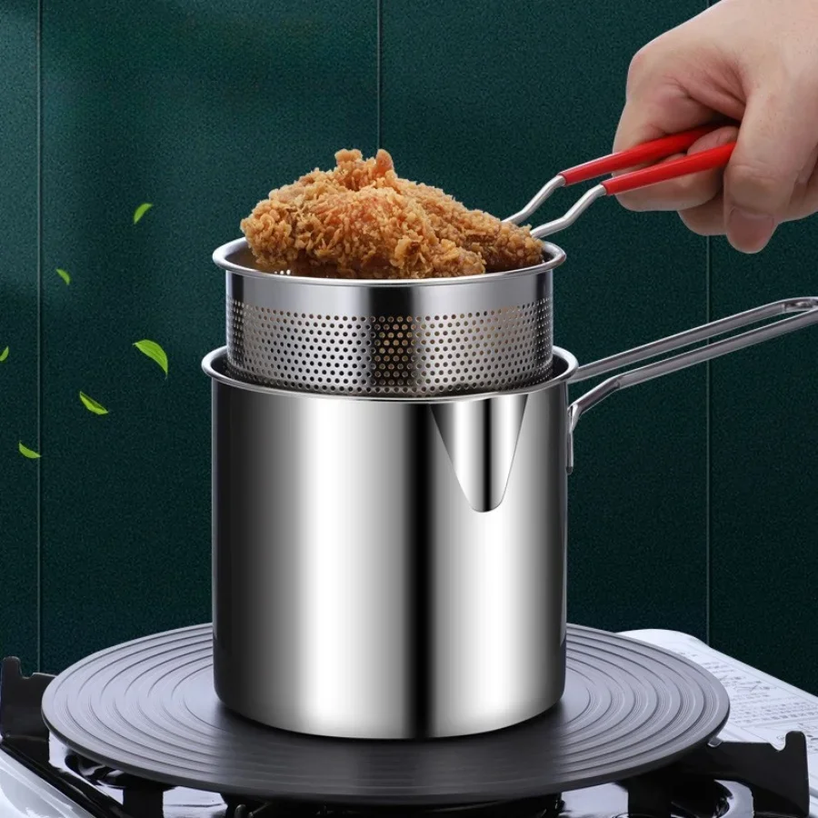 4pcs Stainless Steel Mini Fryer Set with Food Clip Strainer Oven Rack Deep Fryer Small Pot Kitchen Frying Chicken Cooking Tool