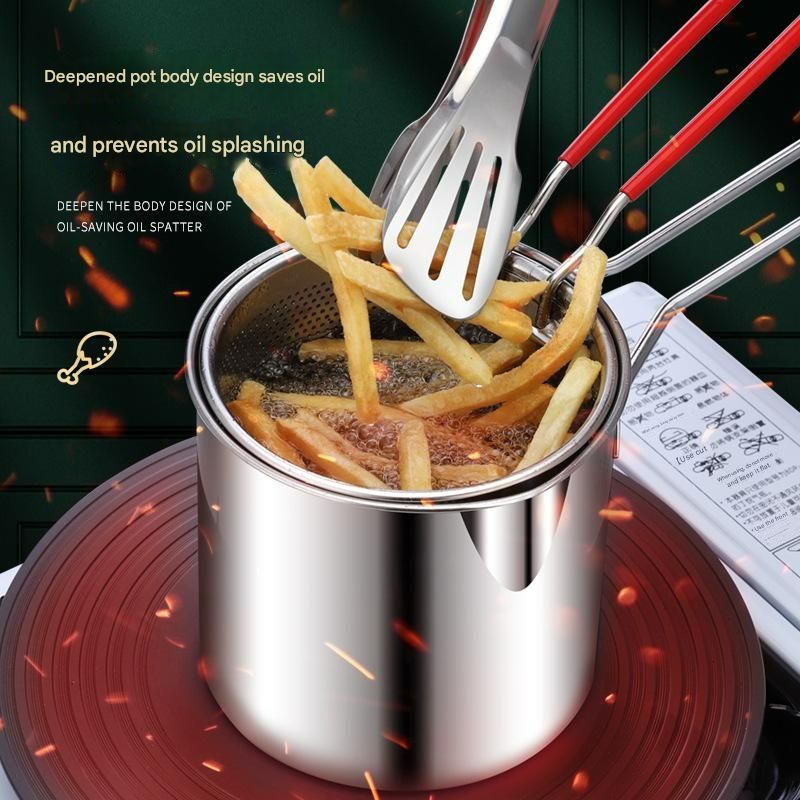 4pcs Stainless Steel Mini Fryer Set with Food Clip Strainer Oven Rack Deep Fryer Small Pot Kitchen Frying Chicken Cooking Tool