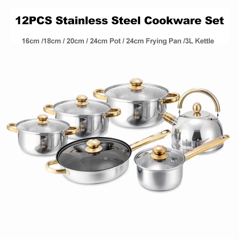 12pcs Stainless Steel Non-stick Sufuria Cookware Set Pot Set (5pcs Pots+6pcs lids+ Kettle) 16cm+18cm+20cm +24cm pot +24cm Frying Pan+3L Kettle