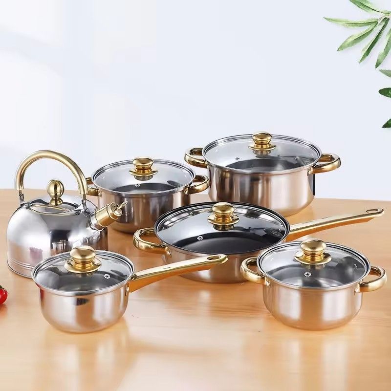 12pcs Stainless Steel Non-stick Sufuria Cookware Set Pot Set (5pcs Pots+6pcs lids+ Kettle) 16cm+18cm+20cm +24cm pot +24cm Frying Pan+3L Kettle