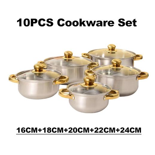 10pcs Stainless Steel Non-stick Cookware Set Gold Handle(5pc Pots+5pc Lids) Cooking Pots Sufuria 16CM+18CM+20CM+22CM+24CM