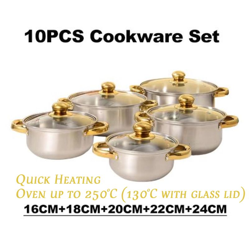 10pcs Stainless Steel Non-stick Cookware Set Gold Handle(5pc Pots+5pc Lids) Cooking Pots Sufuria 16CM+18CM+20CM+22CM+24CM