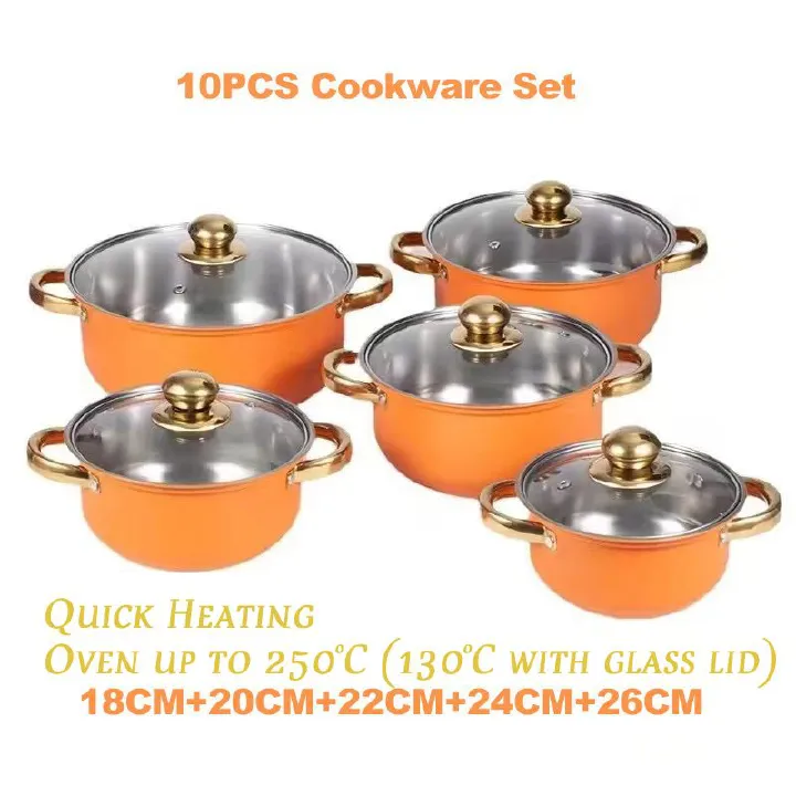 10pcs Stainless Steel Non-stick Cookware Set Hotpot Orange Gold Handle (5pcs Pots+5pcs Lids) Cooking Pots 18CM+20CM+22CM+24CM+26CM Sufuria