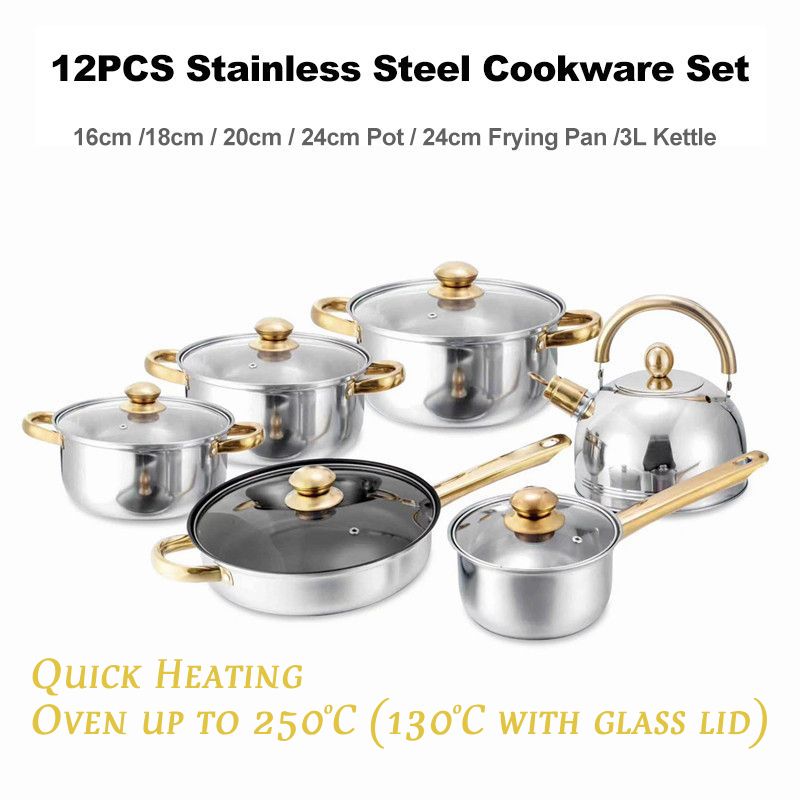 12pcs Stainless Steel Non-stick Sufuria Cookware Set Pot Set (5pcs Pots+6pcs lids+ Kettle) 16cm+18cm+20cm +24cm pot +24cm Frying Pan+3L Kettle