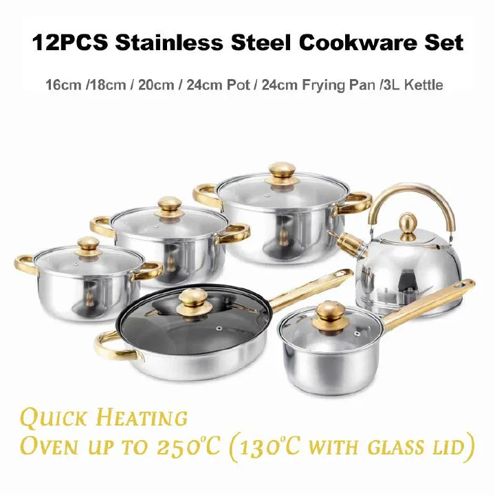 12pcs Stainless Steel Non-stick Sufuria Hotpot Cookware Set Pot Set (5pcs Pots+6pcs lids+ Kettle) 16cm+18cm+20cm +24cm pot +24cm Frying Pan+3L Kettle