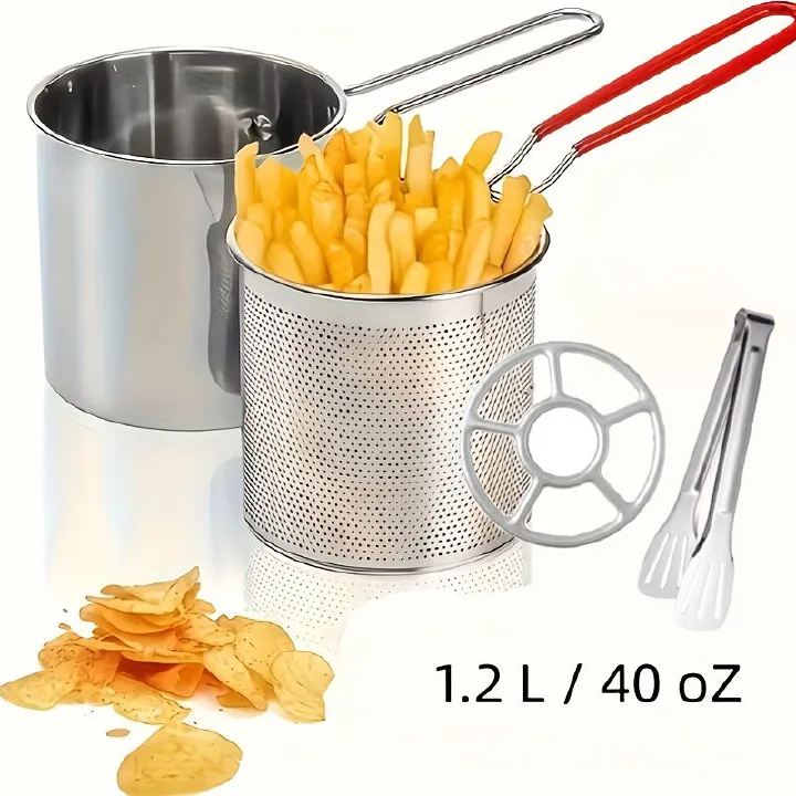 4pcs Stainless Steel Mini Fryer Set with Food Clip Strainer Oven Rack Deep Fryer Small Pot Kitchen Frying Chicken Cooking Tool