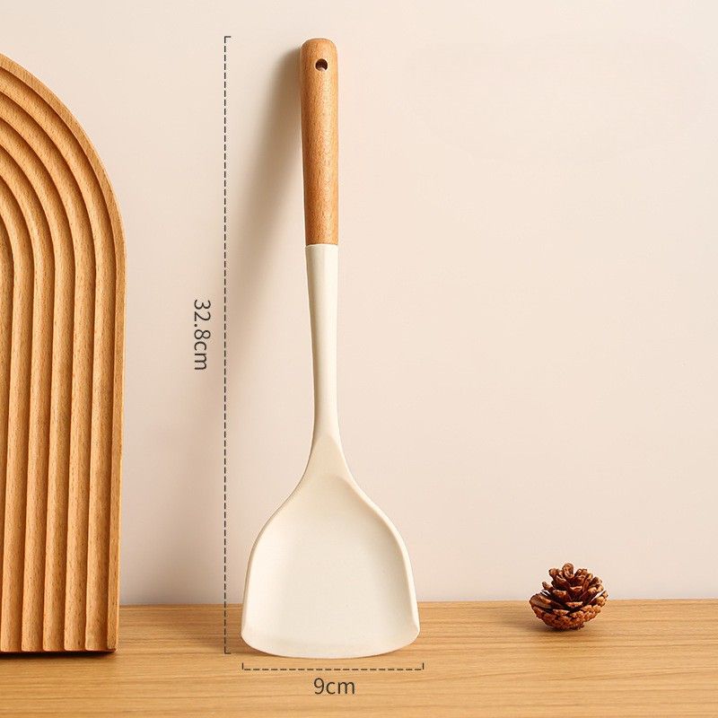 Set of 2PCS  Cookware Wooden Handle Silicone Spatula Kitchen Non-Stick Cooking Silicone Spatula Spoon Set Household Cooking Spatula Soup Spoon