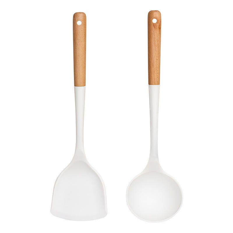 Set of 2PCS  Cookware Wooden Handle Silicone Spatula Kitchen Non-Stick Cooking Silicone Spatula Spoon Set Household Cooking Spatula Soup Spoon